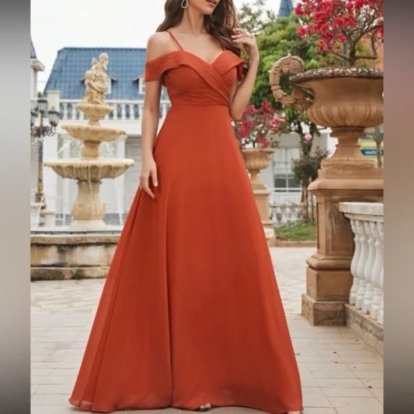 Orange Cold Shoulder A-Line Flowy Evening Prom Formal Dress - Picture 3 of 7